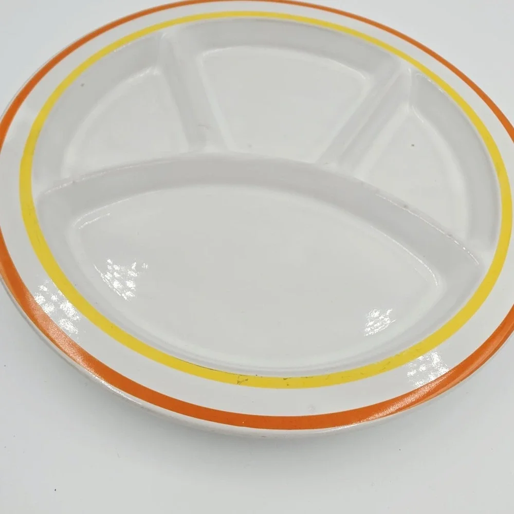 Vintage Soneware Fondue Plate 4 Compartments Yellow And Orange Stripe Round 70's